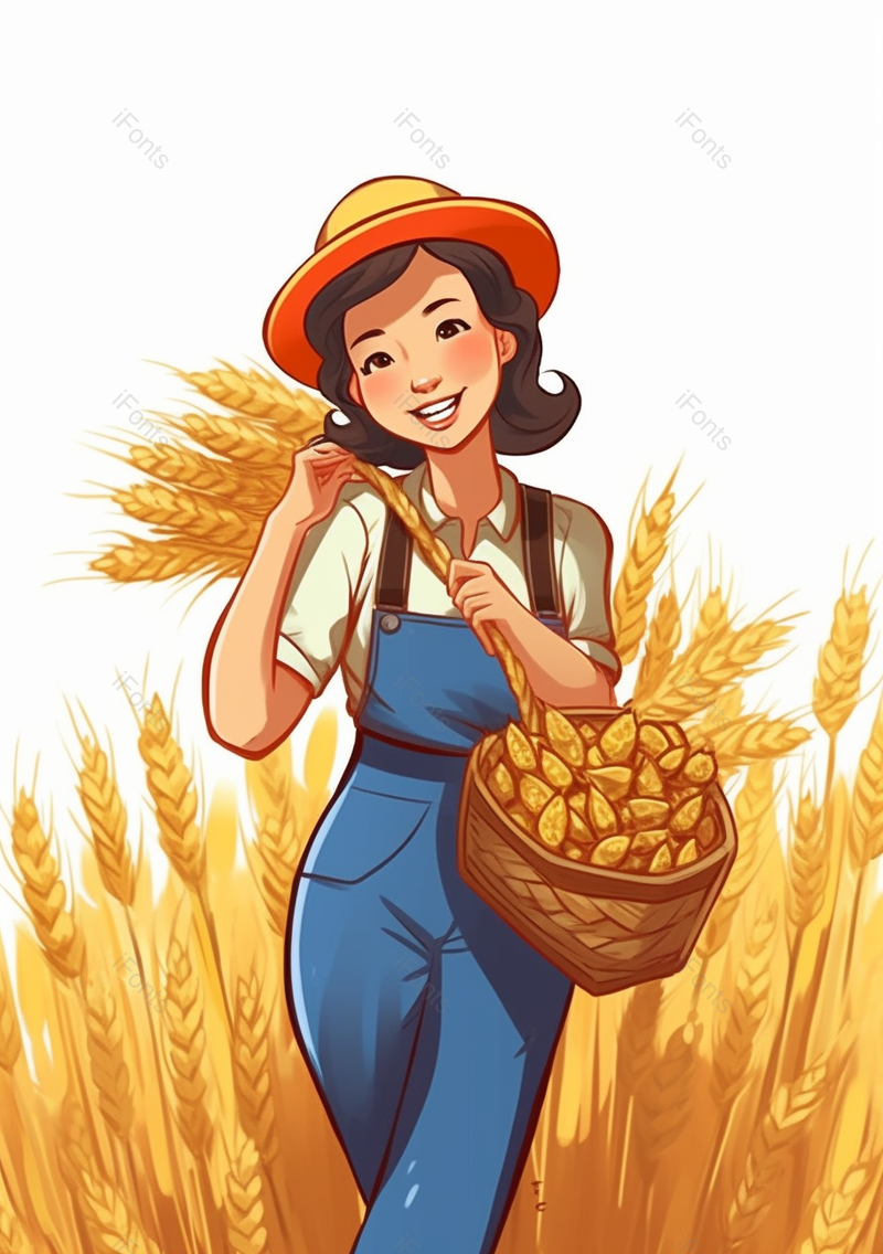 蓝色背带裤女孩一个人斜跨收割收获麦子麦穗秋季丰收金色插画,插画/手绘图,插画/手绘图库,插画/手绘图下载,插画/手绘